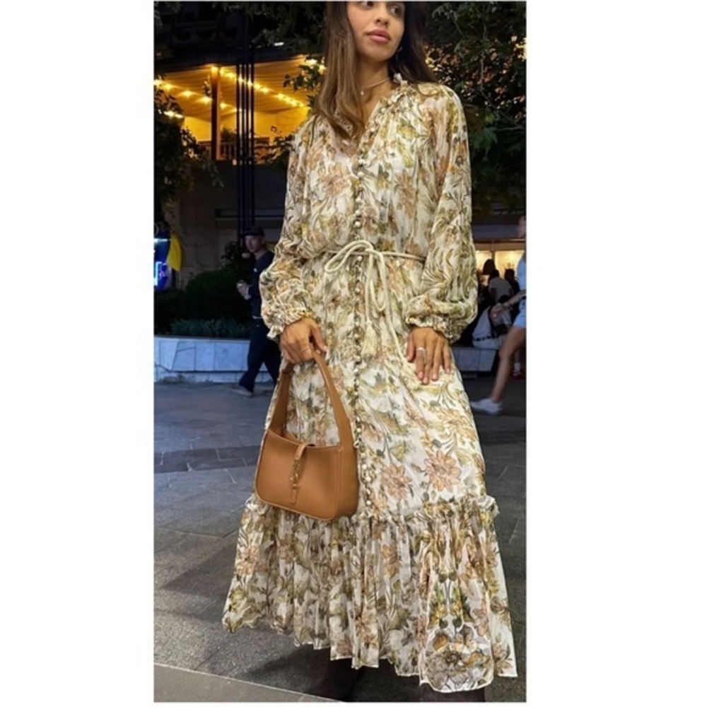 Zimmermann Chintz Semisheer Tiered Long Sleeve Dress